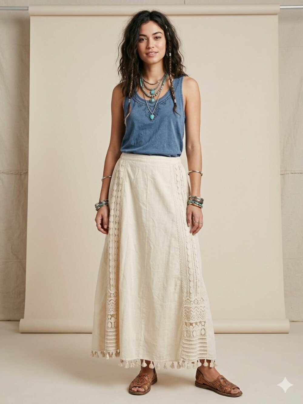 Hand-Sewn Cream Cotton Maxi Skirt Crochet Embroidered Embellished Tassel Hem OS
